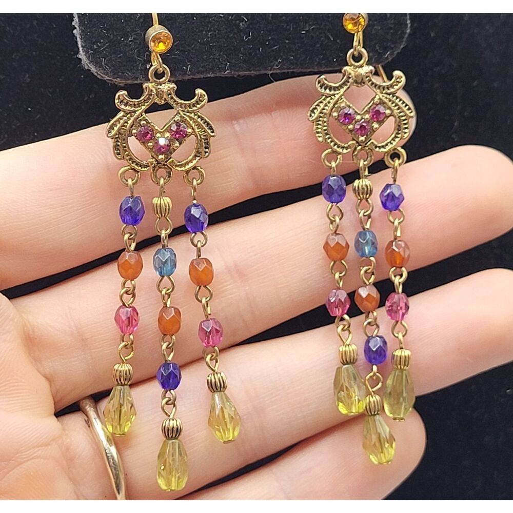 Vintage Y2K Bohemian Rainbow Brass tone Chandelier Earrings 2.75in